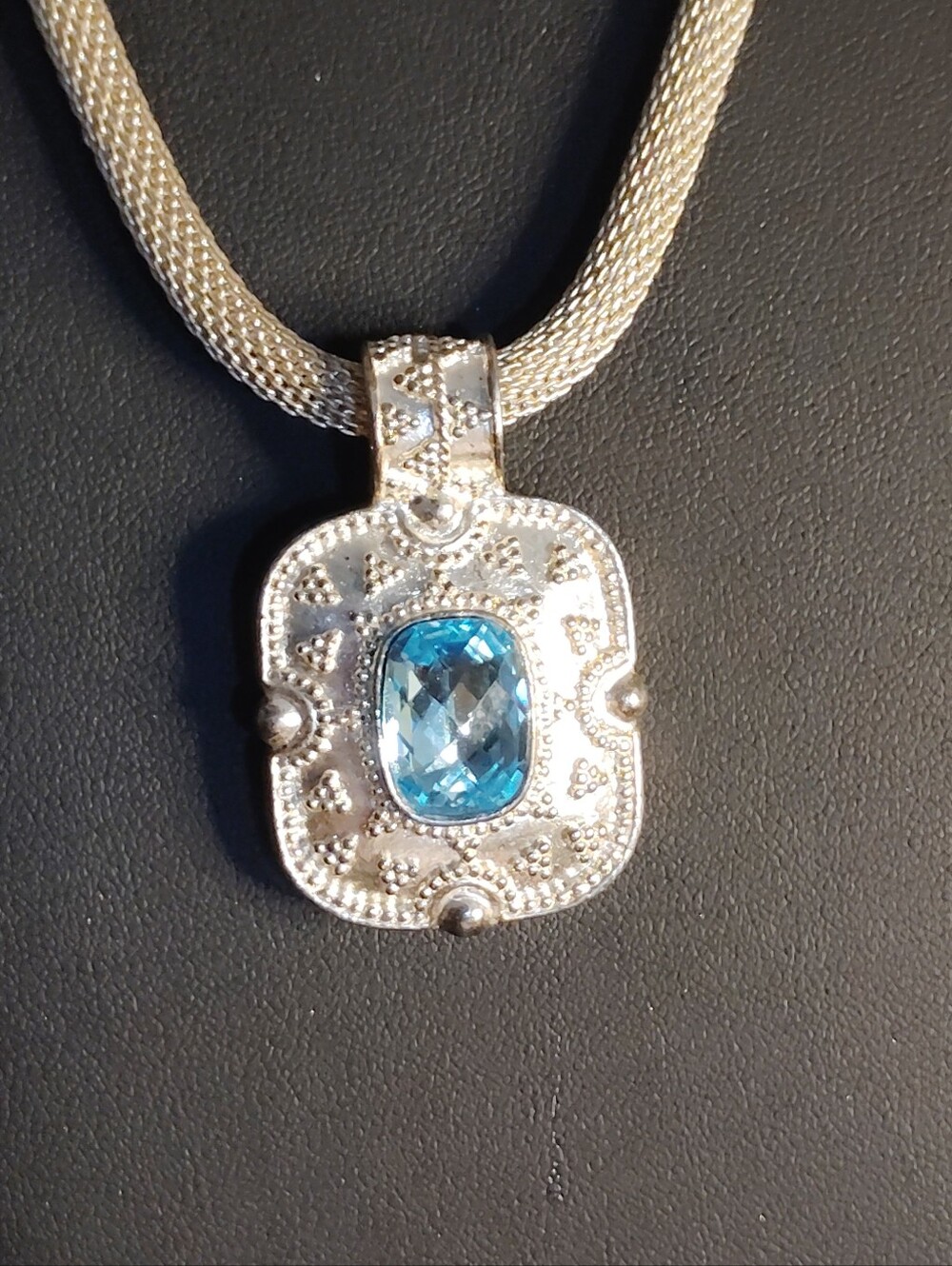 Silver Pendant Necklace with Blue Gemstone Signed 1928
